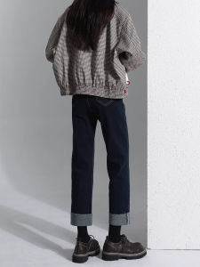 Deep Blue Cuffed Straight Leg Denim Jeans Womens Spring 2025 New Elastic Slim Fit Small Size High Waist Smoked Tube Pants