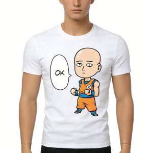 Bandai | Mens One Punch Man Anime T-Shirt Red Cotton Saitama OK Text Bubble Graphic Tee for Casual Otaku Daily Campus Home Wear