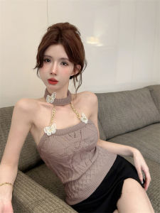 GUZILIAN | Áo ba lỗ ngắn dệt kim họa tiết hoa gợi cảm dành cho nữ mùa hè Áo hở vai khoét sâu cổ chữ V Áo khoác ngoài thon gọn