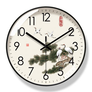 New Chinese Style Wall Clock Pine Crane Pattern Flower Bird Quiet Sweep Modern Simple round Plastic Clock for Living Room