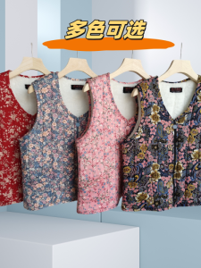 เสื้อกั๊กผ้าฝ้ายขนแกะสีน้ำตาล แขนสั้น ลายดอกไม้ สำหรับผู้หญิง วัยกลางคนและผู้สูงอายุ ฤดูหนาว 2024 แขนสั้น ปกติ ซิป คอกลม