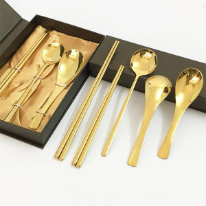Golden 304 Stainless Steel Chopsticks Spoon Set with Gift Box Three Pieces Korean Style Cutlery for Adults And Children Soup Spoon