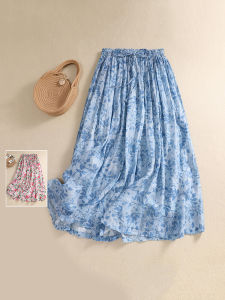 Artsy Ramie Print Skirt Summer Plus Size Ladies Plus Size Womens Clothing Shoelace Cover Slim Looking Ethereal Swing A- line Skirt