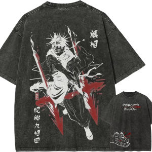 Bandai | Choso Piercing Blood T-shirt Jujutsu Kaisen Graphic Tee Vintage Washed Oversized Retro Anime Harajuku Men Streetwear Top Clothes