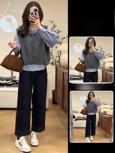 ต้น ฤดูใบไม้ร่วง ลำลอง แฟชั่นถัก เสื้อกั๊ก เสื้อเชิ้ต กางเกงยีนส์ ชุดสามชิ้น เรียบหรู สไตล์แขนยาวกระโปรง H ยาวปานกลาง