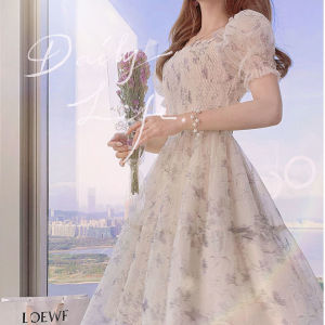 ELF TRIBE New French Ink Painting Puff Sleeve Floral Chiffon Dress for Women