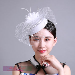 Retro Bridal Stage Performance Gown with Feather Embellishment Black White Red Colorful Head Veil Hat Hair Accessories