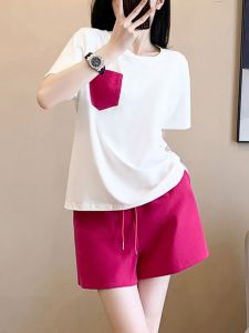 Dragon Fruit Colored Womens Casual Sports Shorts Three-quarter Length Slimming Wide Leg Pants Fashionable T-shirt Two-piece Set