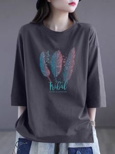 Áo Thun Cotton Tay Giữa Cổ Tròn Dáng Rộng Thời Trang Mùa Hè 2024 Áo Thun Tay Dài Thời Trang Giảm Tuổi