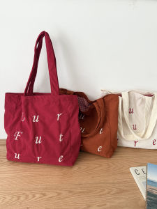 Red Embroidered Corduroy Letter Tote Bag Casual Commuter Student Shoulder Bag Autumn Winter Korean Style Fat Old And Thin Bamboo