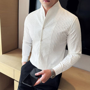 New Chinese Style Long Sleeve Slim Fit Stand Collar Shirt Mens Fashion Autumn Trend Business Casual Polyester Plain Color