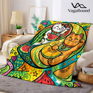 lucky cat watermelon Flannel Blanket Warm Soft Halloween Christmas Decorative Couch Warm Cozy All-Season Gift