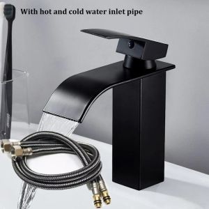 Stainless Steel Faucet Waterfall Wash Basin Black With Hot And Cold Water Inlet Pipe Toilet Wash Basin Bathroom Home