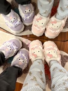 Cinnamoroll Soft Plush Slippers Kawaii Me Melody Kuromi KT Cat Warm Fur Slippers Children Winter