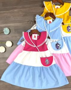 Đầm bé gáiváy trẻ em phối 3 màu cao cấp kèm túi siêu xinh cho bé BITIKIDS size 0-8 tuổi.
