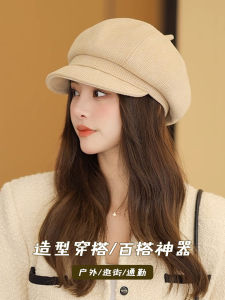 Retro British Beret Hat Womens Autumn Winter Fashionable Octagonal Woolen Cap Short Brim Face Slimming Japanese Style