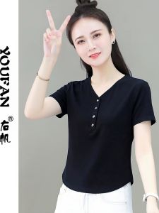 YOUFAN | V-neck Short Sleeve Black T-shirt Summer Light Slim Fit