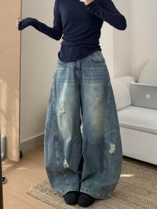 กางเกงยีนส์ทรงหลวมเอวสูงสไตล์ย้อนยุคสำหรับผู้หญิง ฤดูใบไม้ร่วงปี 2025 กางเกงขายาวทรงหลวม ดีไซน์ใหม่ ทรงหัวเข็มขัดโค้ง สไตล์ลำลอง