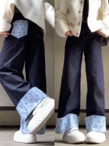 Loose Wide Leg Denim Jeans Womens plus Size Spring Plaid Splicing High Waist Slim Straight Pants Lazy Style BF Fit Jeans