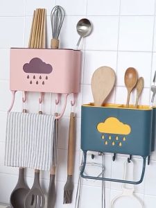 Ống Đựng Đũa  Kệ Đựng Muỗng Đũa Dán Tường Có Móc Và Thanh Treo Chống Nước Chịu Lực 15kg Hình Đám Mây Decor Phòng Bếp Siêu Xinh