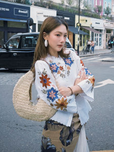 Colorful Embroidered Flower Lace Shirt Womens Loose Fit Button up Original Design Casual Summer Long Sleeve round Neck Top