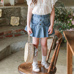 Girls Summer Denim Skirt Pants Elastic Waist Small Pocket Fake Two-Piece High Waist Short Cotton Blend Korean Style Childrens Clothing