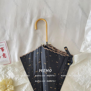 Msho Japanese Style Long Handle Umbrella with Embroidered Lace Butterfly Bow Sunshade UV Protection Black Glue Sun Umbrella