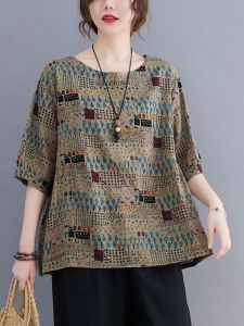 Summer New Loose Cotton Linen round Neck Pocket Handkerchief Fashionable Artistic Retro Ethnic Style Casual Top for Women