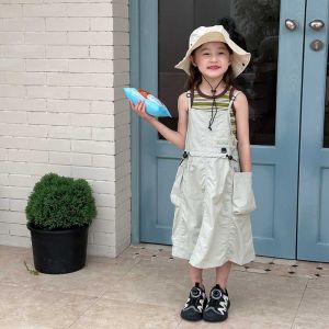 Fashionable Pocket Workwear Halter Dress for Girls Summer Outfit Korean Style Casual Baby Dress Cotton Material A-Line Skirt