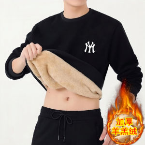 Thickened Fleece round Neck Printed Sweatshirt Mens Large Size Coat Loose Warm Top Sheepskin Casual Streetwear Autumn Winter