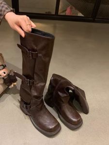 Retro Wasteland Western Buckle Chunky Heel Wide Calf Over-the-Knee Boots