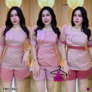 Set เสื้อป้ายอกแต่งระบายผ้าแก้ว+กางเกงขาสั้น Set of shirt with ruffled glass cloth + shorts B13543