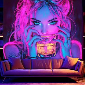 VIKAMA Cyberpunk Neon Cô Gái Thảm Màu Hồng Xanh Tương Phản Nghệ Thuật Treo Tường Phòng Khách Phòng Ngủ Phòng Chơi Game Thanh Trang Trí Nhà