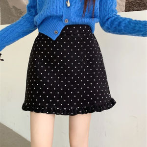 Trendy Aesthetic Petite Polka Dot Wool Skater Mini Skirt