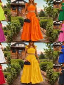 Square Neck Sleeveless Pleated Skirt Elastic Waist Pure Color Street Style Midi Skirt Spring Summer Loose Fit A-Line Skirt