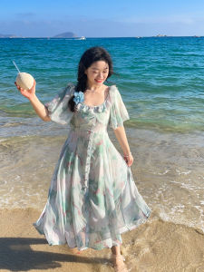 DM100 plus Size Elegant French Style Floral Lace Trim Slimming A-Line Midi Dress Summer Casual Sweet High Waist Short Sleeve