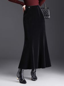 Váy Đuôi Cá Nhung Vàng Cạp Cao Cho Nữ Mùa Thu Đông Dài Vừa Phải Ôm Sát Cơ Thể Váy Chữ a Màu Trơn Phong Cách Hàn Quốc