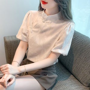 AMMIN เสื้อชีฟองแขน สั้นคอกลมสไตล์จีน ฤดูร้อน ผู้หญิงผ้า แจ็คการ์ด พองหวาน ชุดเป้าหมายที่สุด