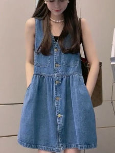 French Vintage Denim Overalls Women Summer Ageless Small Size High Waist V-neck Loose Slim Vest Dress Commute Korean Style A-line Skirt Short Sleeve Single Button Closure