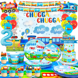 157 Pcs Train Party Decorations&Tableware Set-Plates Tablecloth Banner Balloons etc Chugga Chugga Two Two Birthday Decorations
