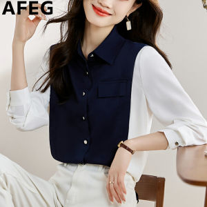 AFEG Korean shirt collar fashion loose temperament professional color chiffon long-sleeved blouse
