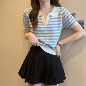 เสื้อโปโลแขนสั้นทรงสลิมฟิตสำหรับผู้หญิง ทรงเข้ารูป ลายทาง ทรงเข้ารูป เข้ารูป แขนสั้น คอกลม ทรงเข้ารูป เสื้อผ้าทำงาน