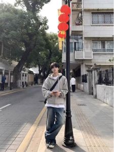 Loose Mens Hoodie American High Street Style Spring Autumn Zipper Cardigan Fleece Lined Casual Wear for Teen Boys