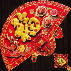 TRANH DÁN TRANG TRÍ TẾT GIẤY NHUNG THIẾP VÀNG HÌNH QUẠT
