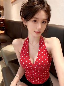chaqi | American Pure Desire Dots Print Off-shoulder Tank Top Slimming Versatile