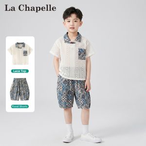 puella kids | Boy Summer Set Ethnic Style Lace Polo Shirt Two-Piece