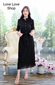 งานบุญ งานบวช!!! M-4XL Maxi Dress เดรสสีขาวผ้าปักดอกไม้กระดุมหน้า+สายผูกเอว งานป้าย Love love