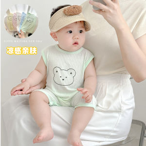 แบนเนอร์บ้านสไตล์ลําลองผ้า Modal ทารกและเด็กวัยหัดเดินชุดฤดูร้อนชุดจั๊มสูทแขนกุดสําหรับเด็กชายและเด็กหญิง