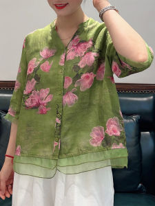 เสื้อคาร์ดิแกนแขนสั้นคอวีพิมพ์ลายดอกไม้สไตล์จีนสำหรับฤดูร้อนปี 2025 เสื้อคลุมหลวมๆ สไตล์แม่ย้อนยุคสำหรับผู้หญิง