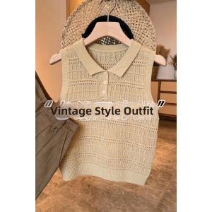 V.C.I | Khaki Knit Polo Neck Short Sleeve Fashion Hollow Vest